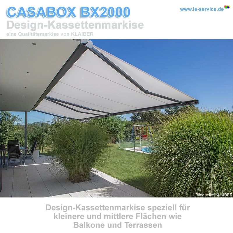 KLAIBER CASABOX BX2000 Kassettenmarkise: CASABOX BX2000: Kassettenmarkise im modernen Design mit kompaktem Kasten und geschützten Markisentuch.