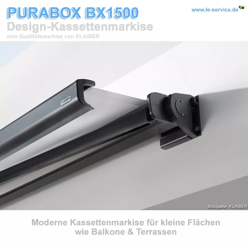 KLAIBER PURABOX BX1500 Kassettenmarkise für Balkon + Terrasse: KLAIBER PURABOX BX1500 Kassettenmarkise für Balkon und Terrasse. Gelenkarmmarkise mit kleiner, kompakter Kassette.