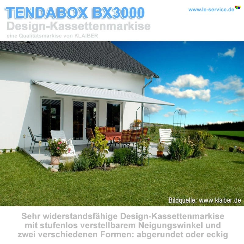 KLAIBER TENDABOX BX3000 Design-Kassettenmarkise mit Elektroantrieb: Kassettenmarkise Tendabox BX3000 von KLAIBER mit abgerundeter oder eckiger Blende - Top-Preis-Leistungsverhältnis