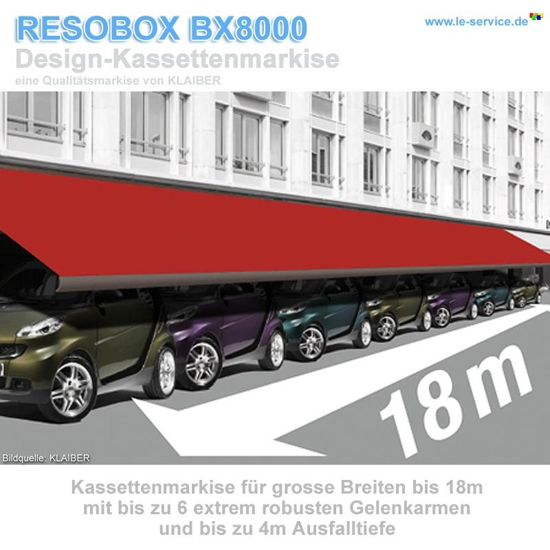 KLAIBER RESOBOX BX8000 Kassettenmarkise bis Breite 18m: KLAIBER RESOBOX BX8000 Kassettenmarkise speziell für große Flächen und eine Breite bis 18m